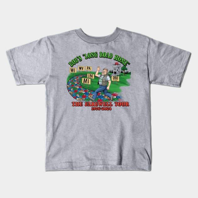 Bob’s Long Road Home Farewell Tour front Diceman Dice d20 Bob Kindle Light Trading Company Convention RPG Dungeon and Dragons Kids T-Shirt by Infinite Images